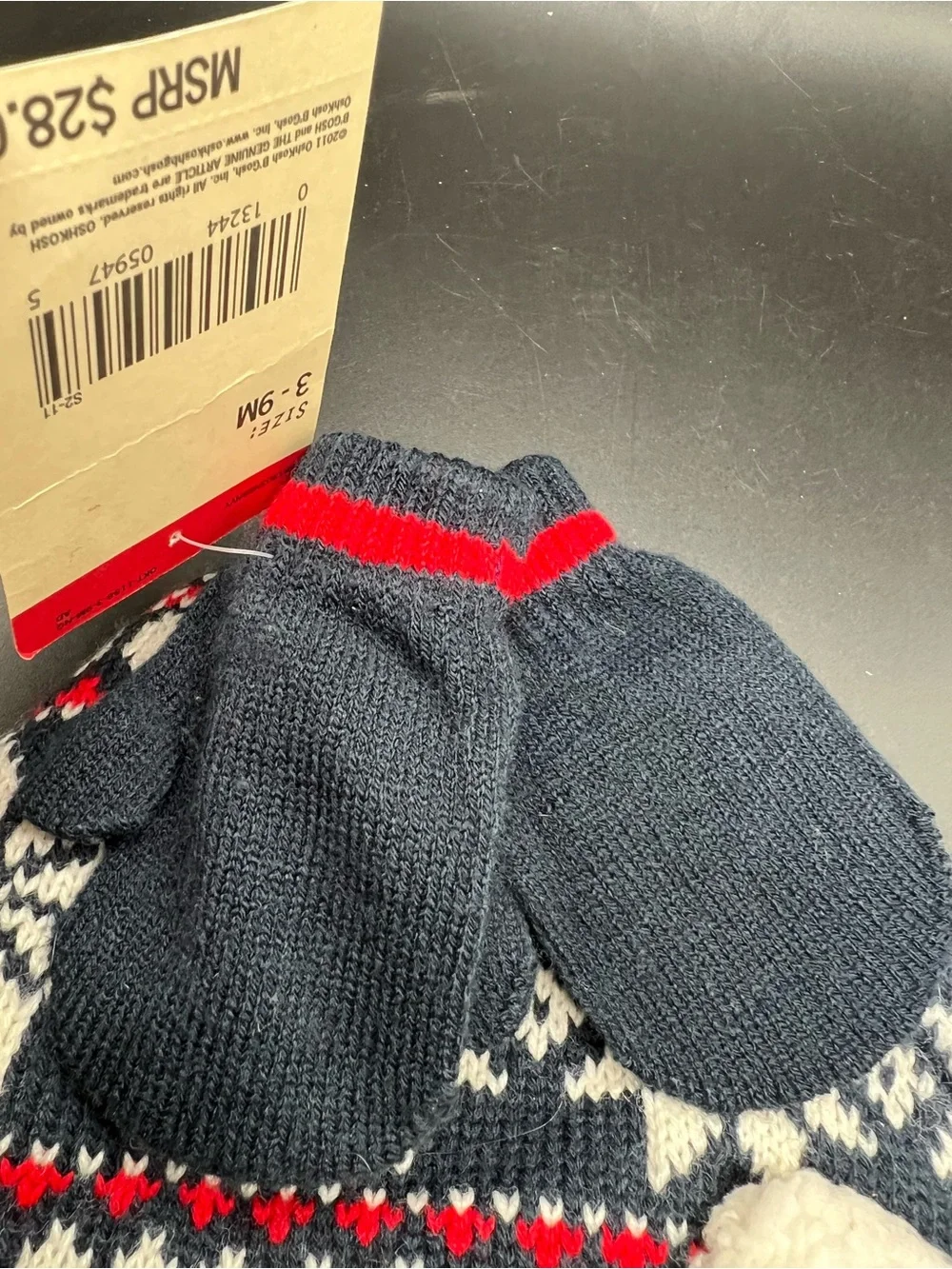 NWT Oshkosh Knit Hat Mittens Size 3-9 Months Ear Flaps Blue Fair Isle